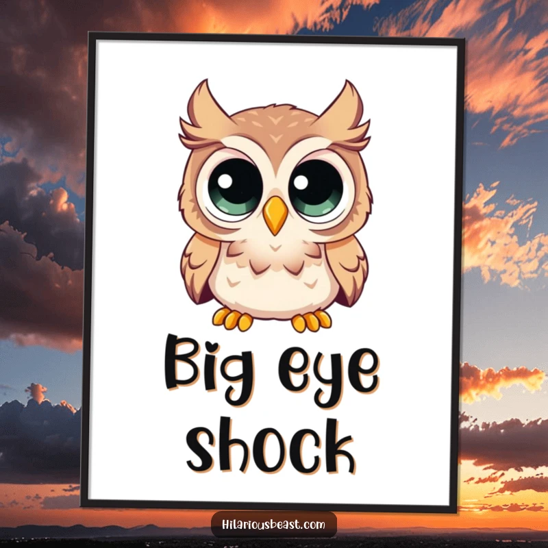 Funny digital art print of a curious owl with enormous eyes looking comically surprised, adding a humorous touch.