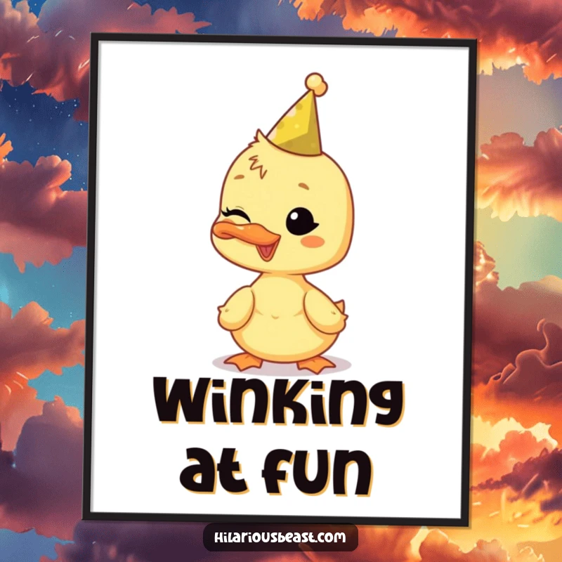 Funny duckling digital art print, wearing a tiny party hat and winking, bringing instant playful humor.