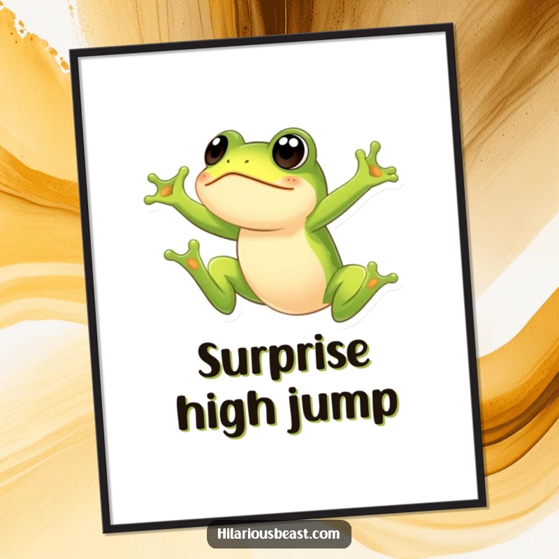 Funny frog digital art print of a small green frog leaping high with a comically surprised expression, perfect for instant download wall decor. Adds humor and charm to any room.
