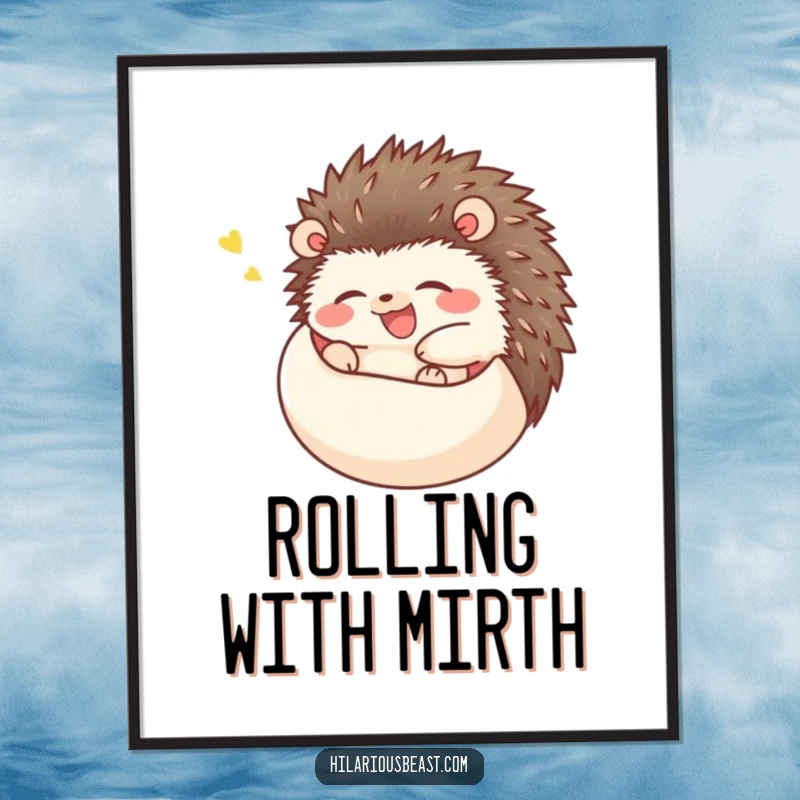 Funny happy hedgehog digital art print of a hedgehog rolling into a ball and giggling uncontrollably, instant download for humorous decor