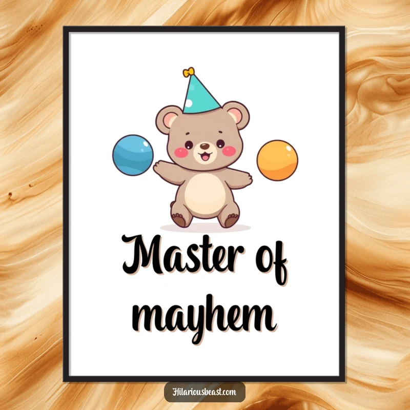 Funny digital art print of a tiny bear cub in a party hat, gleefully juggling three colorful balls, ready for instant download and display.