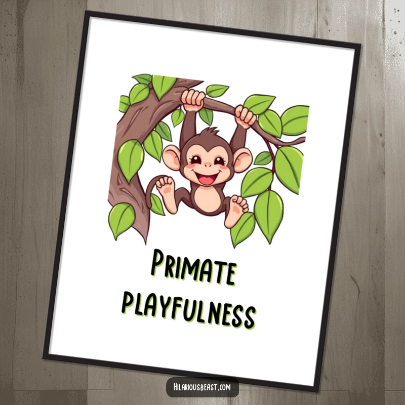 Funny Digital Art of a mischievous monkey swinging from a vine with a wide grin, a printable piece of jungle fun.