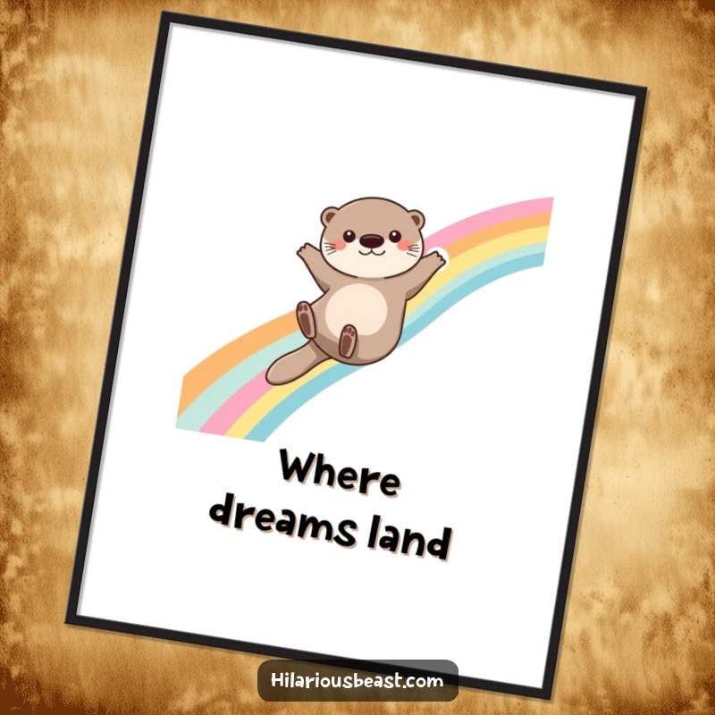 Funny otter digital art print of a cute otter sliding down a rainbow with arms outstretched, adding animated magic and joy to digital decor.