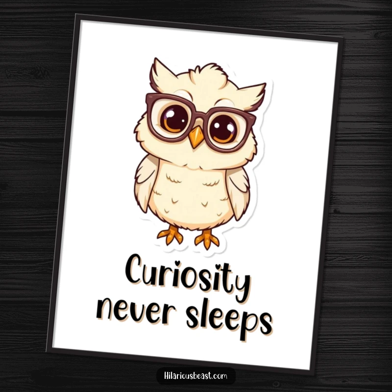 Funny owl chick with oversized glasses, tilting head, artistic digital download, instant decor.