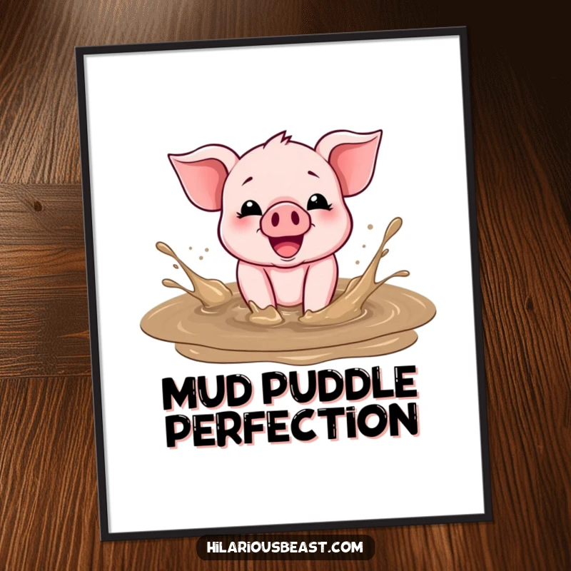 Funny Digital Art of a cheerful piglet joyfully splashing in a mud puddle, a printable piece of farmyard happiness.