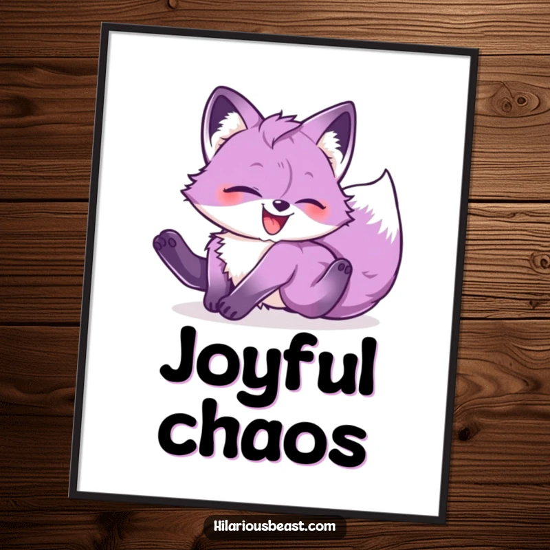 Funny purple fox cub tumbling head over heels with pure glee, ready to be printed as joyful digital art.