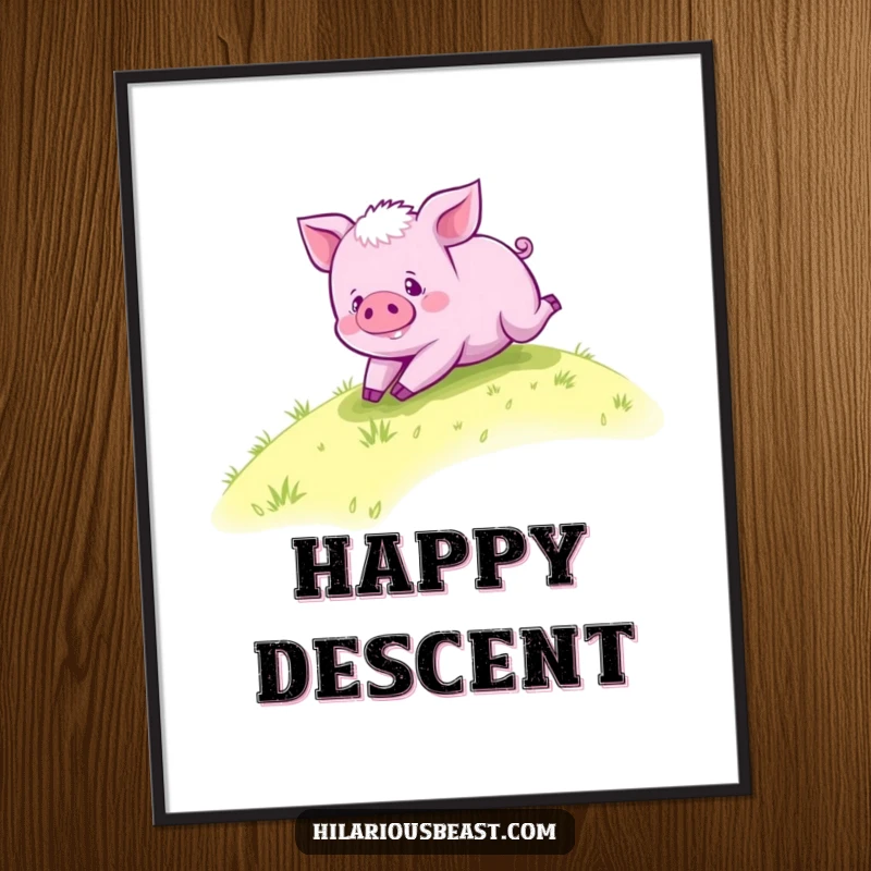 Funny purple piglet digital art print, a happy piglet joyfully rolling down a grassy hill, ready to add fun.