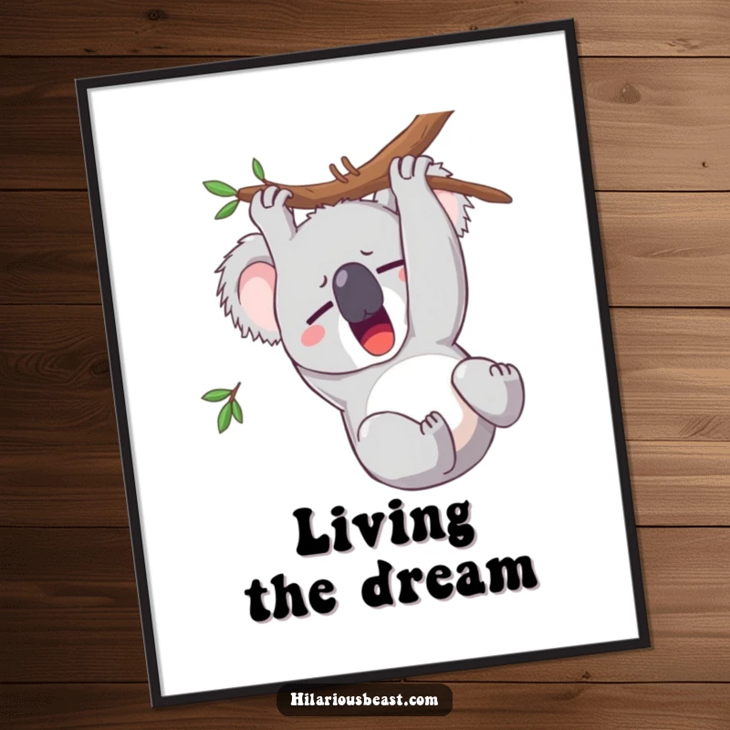 Funny koala digital art print of a sleepy character yawning upside down, instant humorous decor.