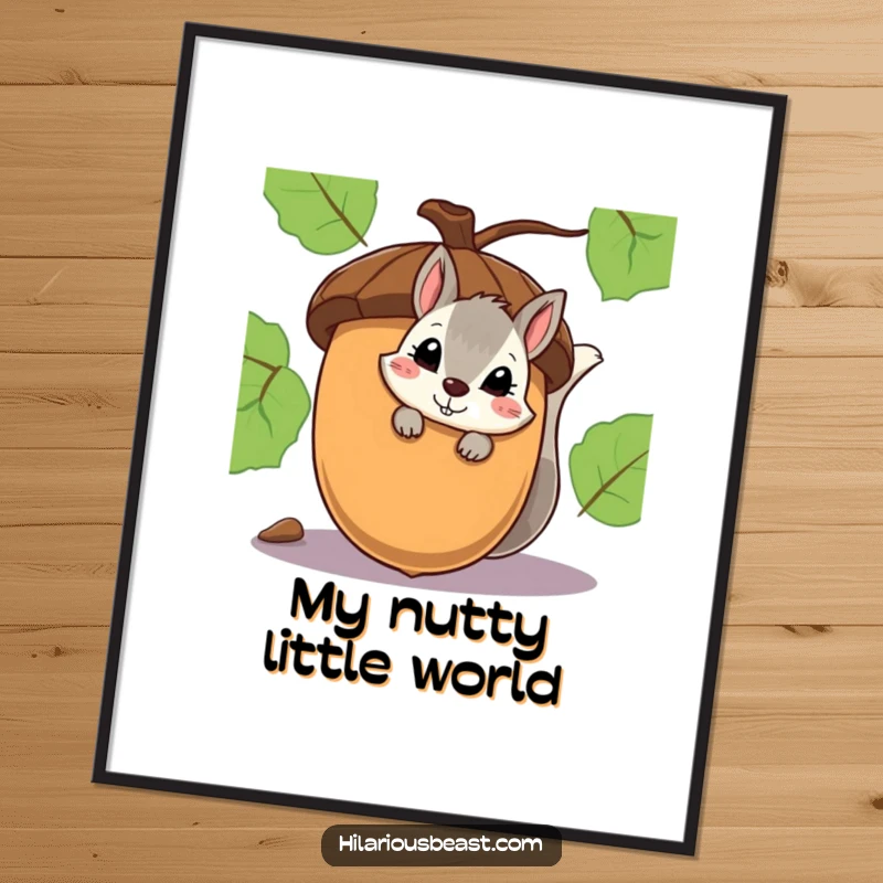 Funny digital art print of a shy squirrel peeking with a smirk from behind a giant acorn.