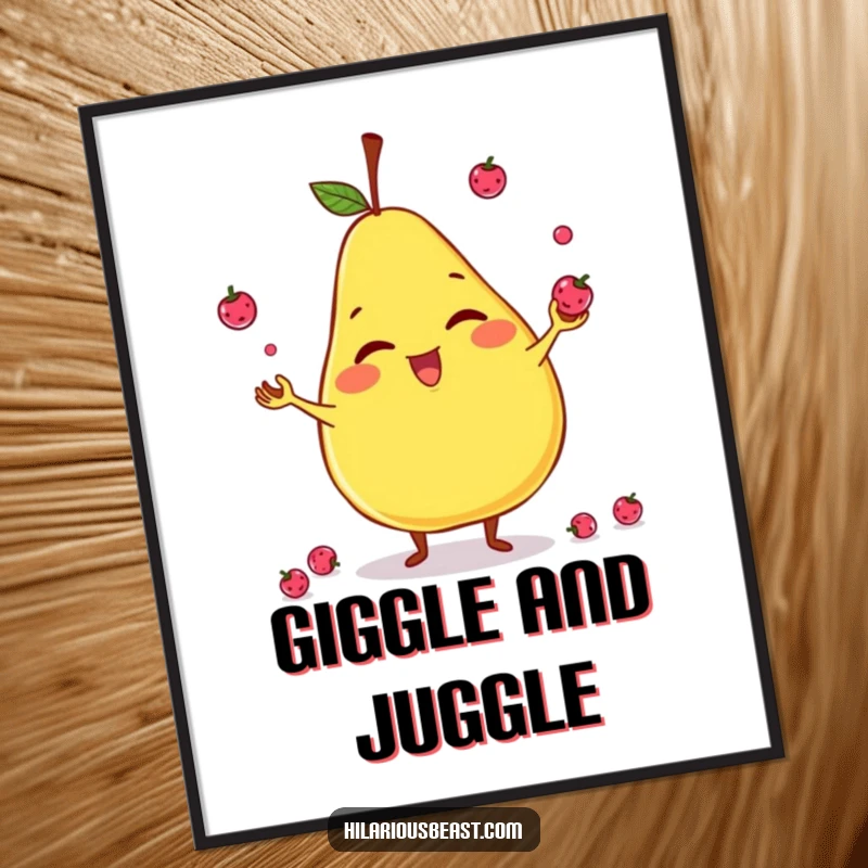 Funny digital art print of a giggling, slightly lopsided pear character juggling tiny berries, ideal for instant downloadable humor.
