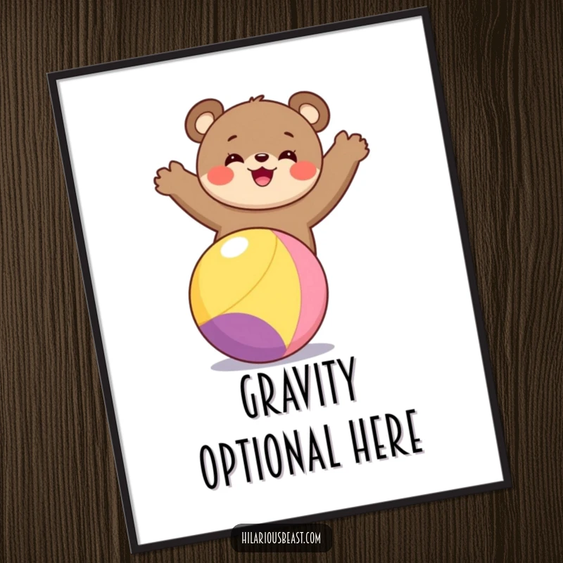 Funny bear cub digital art print of a gleeful bear cub balancing on a vibrant ball, adding a splash of animated fun to digital decor.