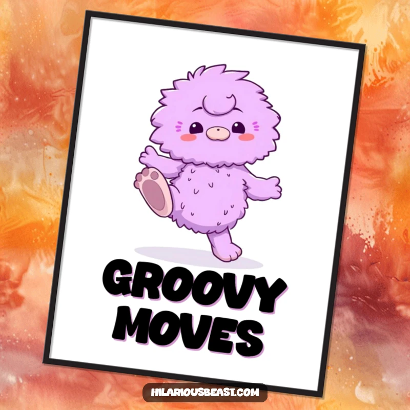 Funny digital art print of a fluffy purple creature with oversized feet performing a silly dance, ready for instant humorous display.