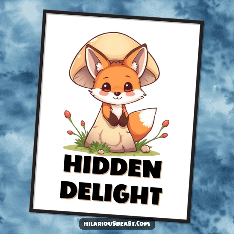 Funny mischievous fox cub peeking from behind a giant mushroom, digital art illustration, ready for instant playful wall decor.