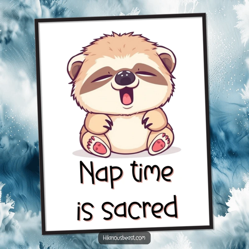 Funny sleepy sloth cub yawning, tiny yawn, artistic digital art, printable decor.