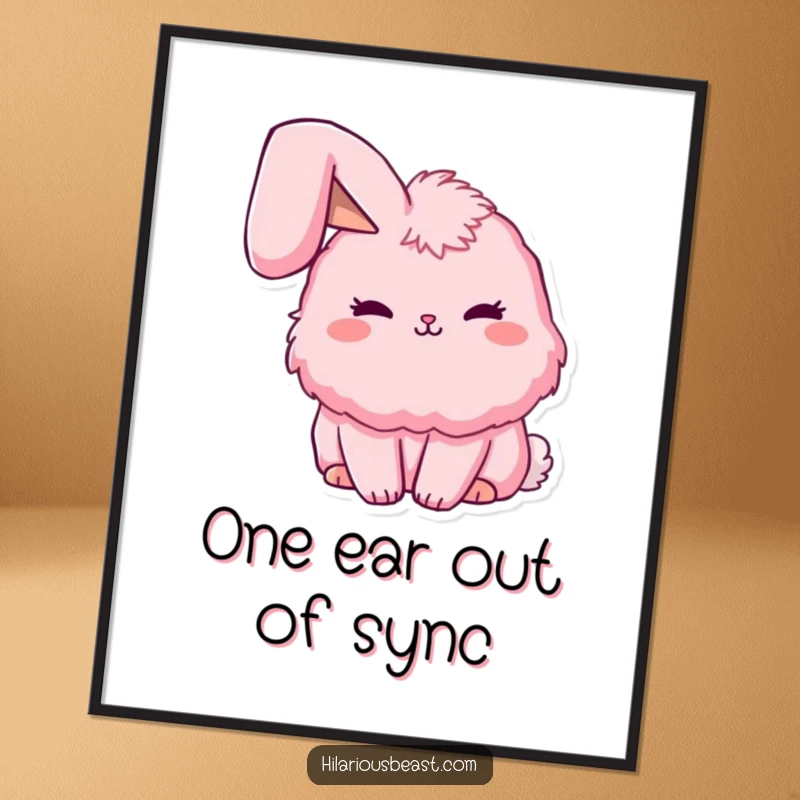 Funny fluffy pink bunny digital art print featuring one ear flopped adorably, perfect for adding sweet, humorous charm to any digital display.