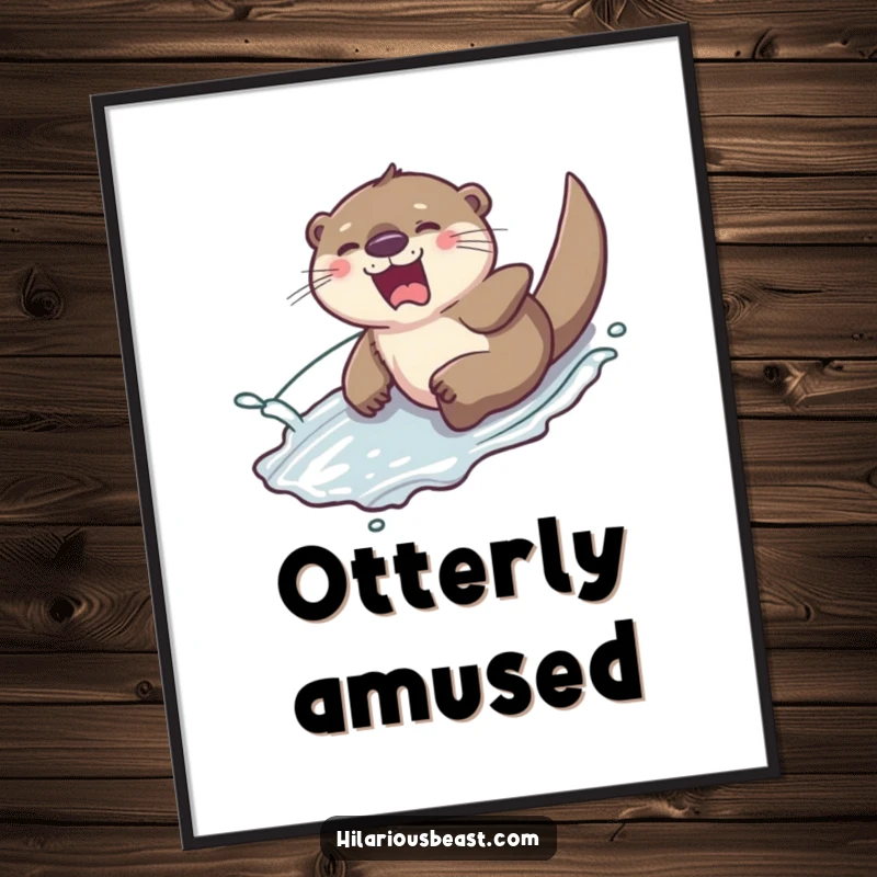 Funny giggling otter sliding down a slippery hill with a splash of water, a digital art print radiating infectious joy and playful charm.