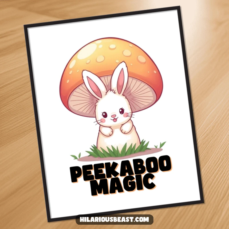 Funny digital art print of a fluffy bunny peeking from behind a giant, brightly colored mushroom, ready for instant download and display.