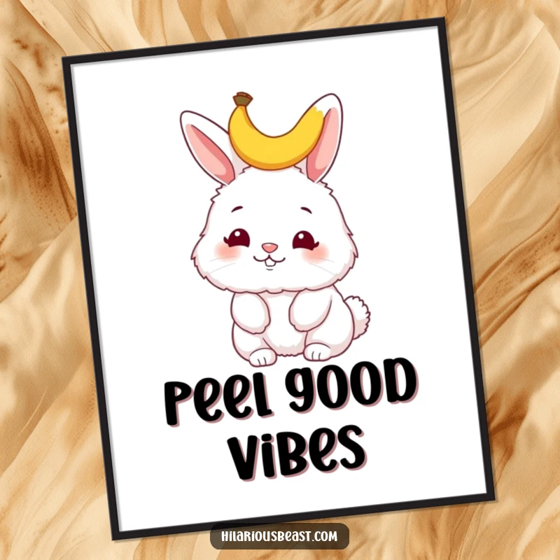 Funny bunny digital art, a fluffy bunny wiggling its nose with a tiny banana peel on its head, capturing a moment of pure, delightful absurdity.