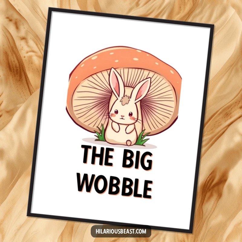 Funny digital art print of a startled rabbit peeking from behind a large, wobbly mushroom, conveying a humorous and surprising moment.