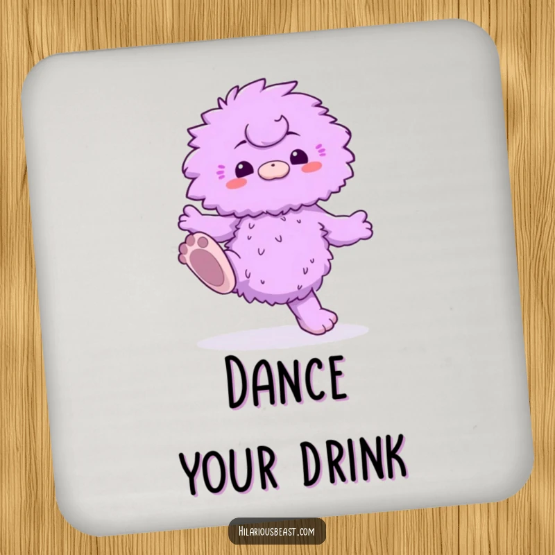 Funny drink coaster depicting a fluffy purple creature with oversized feet doing a silly dance, offering playful surface protection.