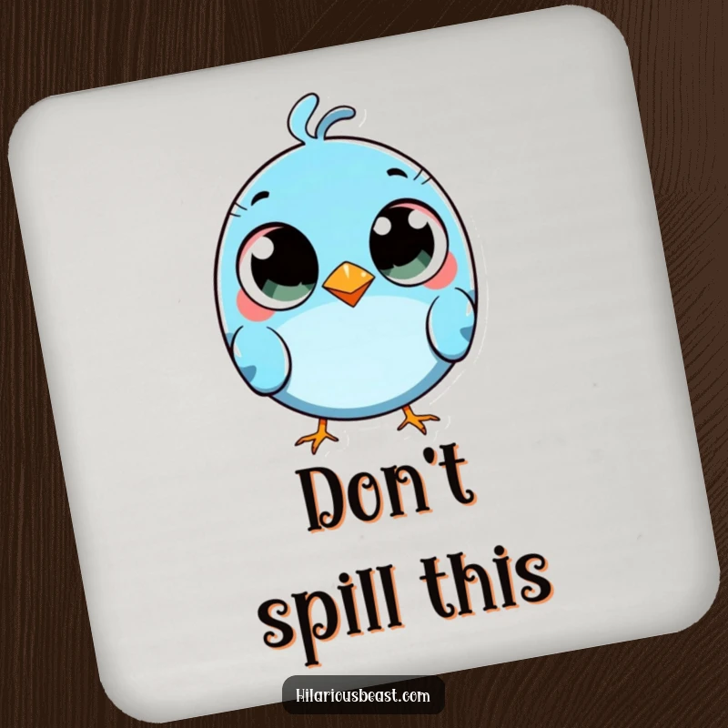 Funny round blue bird drink coaster with comically wide eyes, tripping slightly, a charmingly clumsy protector.