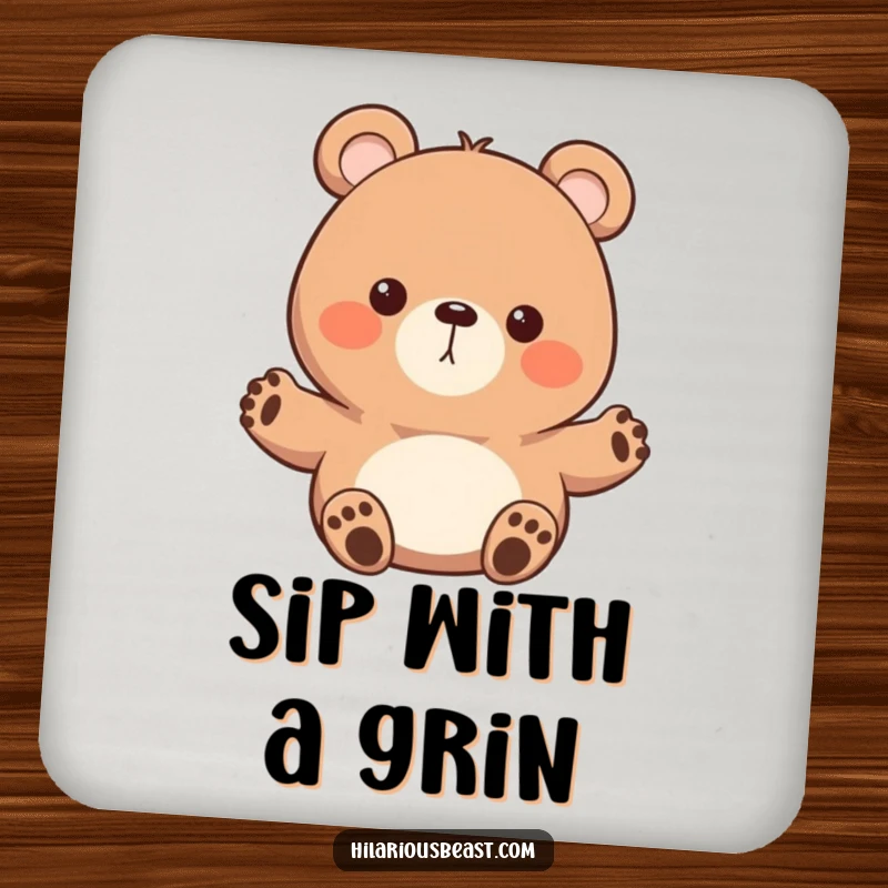 Funny round bear coasters, four pieces featuring a character with tiny paws waving enthusiastically, offering friendly protection for drinks.