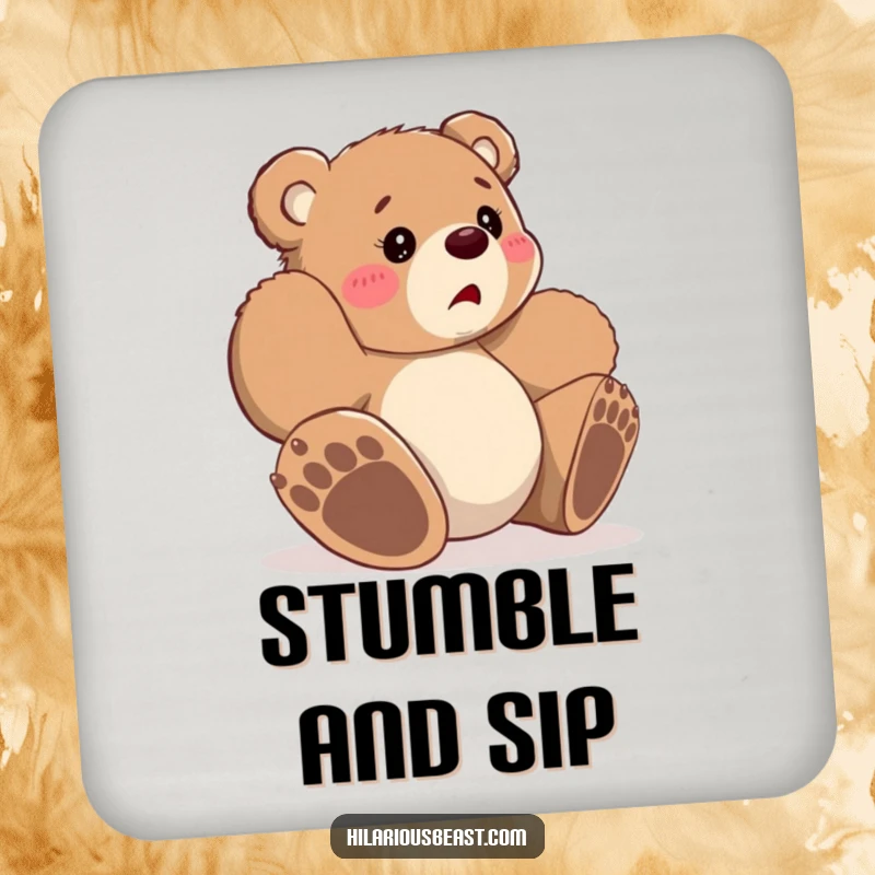 Funny small bear cub tripping over paws, looking bewildered, set of drink coasters, adding whimsical art to protect surfaces.
