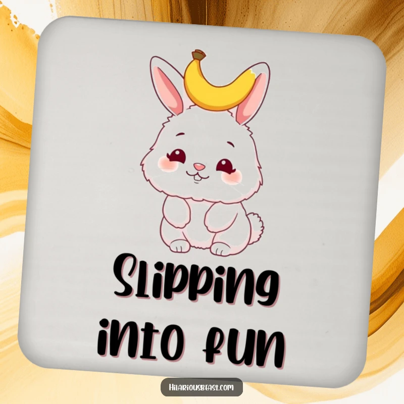 Funny bunny coaster, a fluffy bunny wiggling its nose with a tiny banana peel on its head, adding a touch of playful humor to any setting.