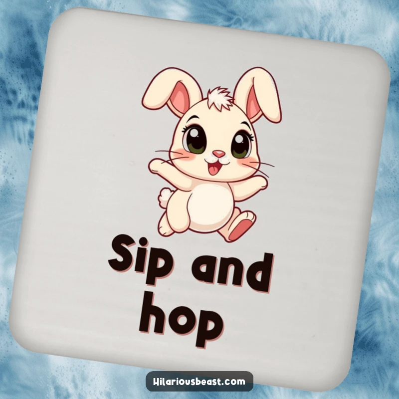 Funny cartoon bunny coaster with large eyes, ears flopped forward, hopping with pure joy.