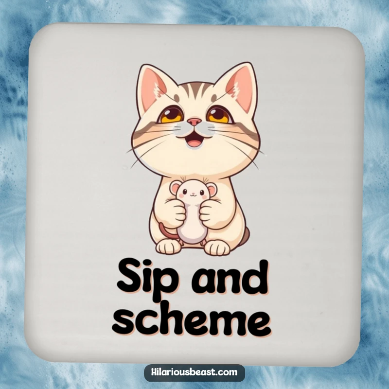 Funny cat holding a mouse toy on drink coasters, adding mischievous humor for a practical funny gift.