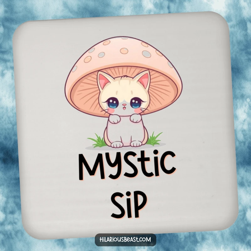 Funny cat peeking from a mushroom on drink coasters, adding whimsical humor for a practical funny gift.