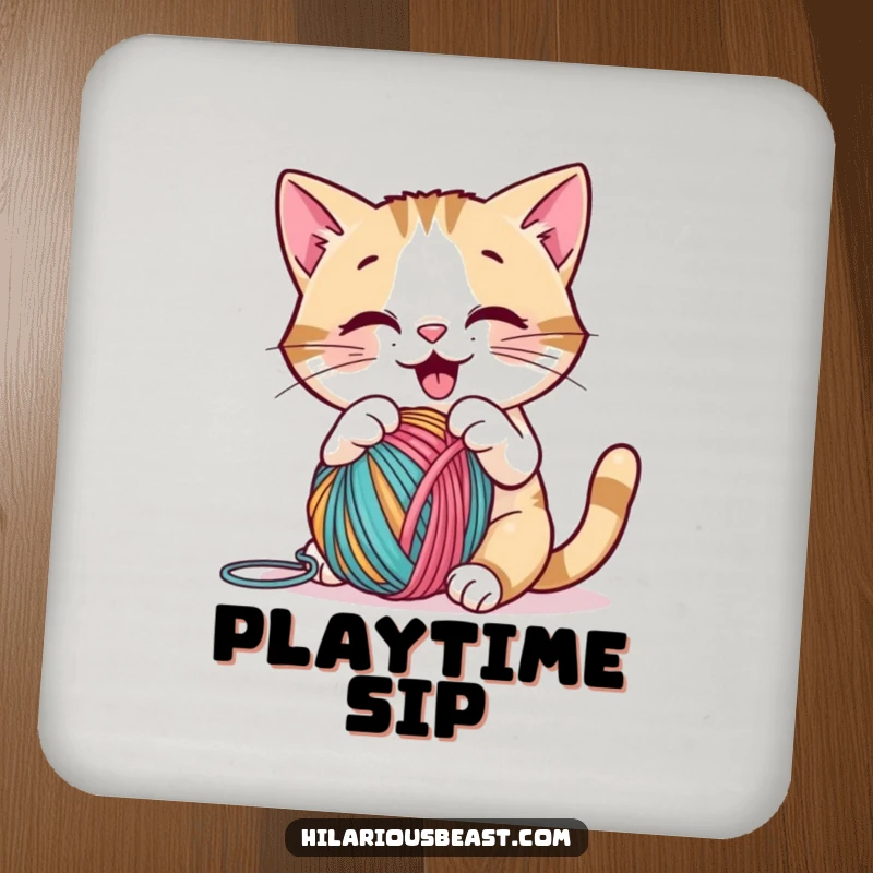 Funny cat batting yarn on drink coasters, adding playful charm and humor for a practical funny gift.