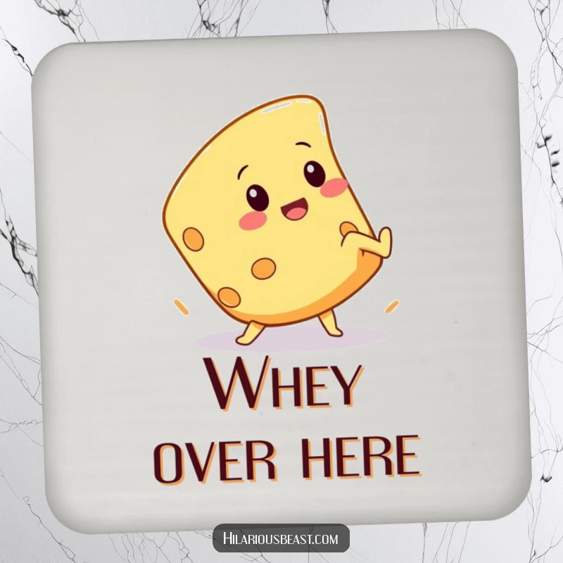 Funny drink coaster featuring a squeaky cheese wedge character in a comical cartwheel, protecting surfaces with dairy humor.