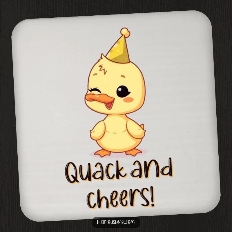 Funny duckling coasters, wearing a tiny party hat and winking, protecting surfaces with playful humor.