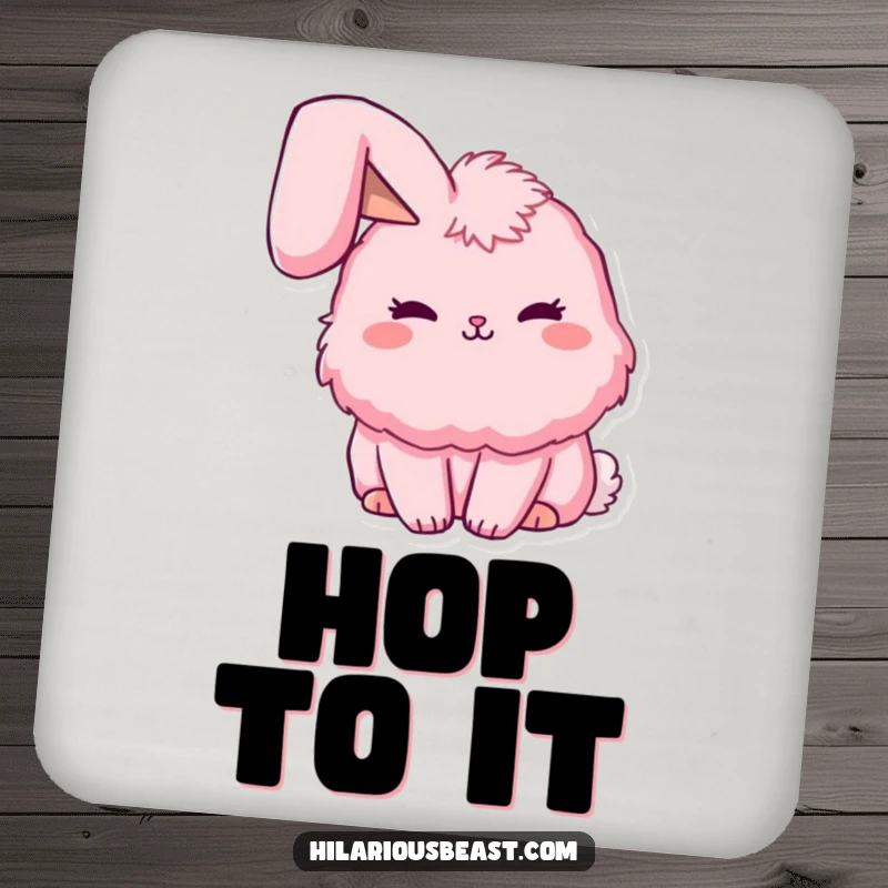 Funny fluffy pink bunny drink coasters, each with one ear flopped adorably, offering sweet and humorous protection for surfaces. A set of cute funny gifts.