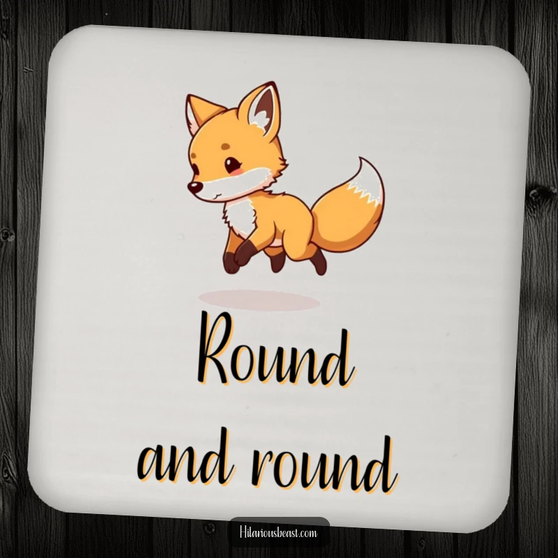 Funny Fox Cub Coaster: a playful fox cub spinning in circles chasing its tail, adding humor to drink protection.