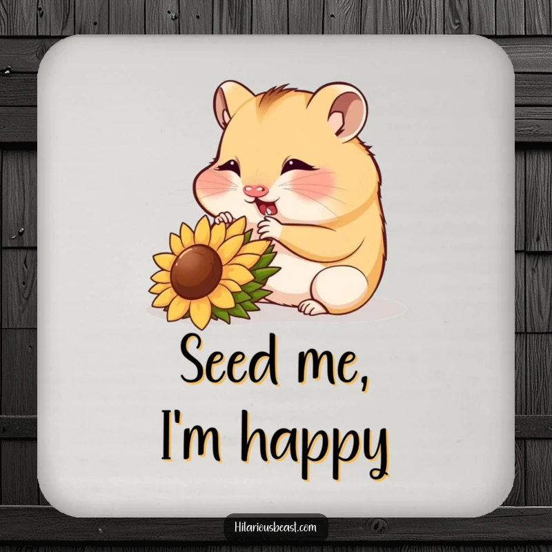 Funny hamster cub munching a sunflower seed, set of coasters, cute pet decor.