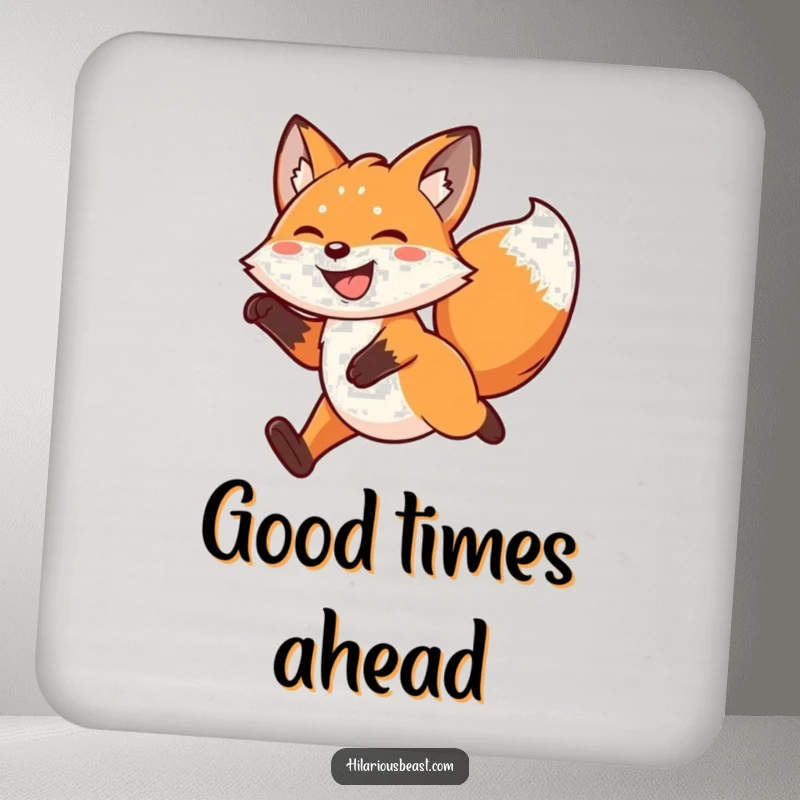 Funny kawaii fox drink coaster illustrating a grinning fox leaping mid-air with a wagging tail, protecting surfaces with animated charm.