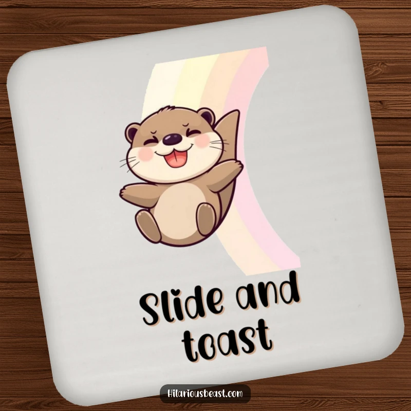 Funny Otter Coasters: Set of 4, grinning otter slides down a rainbow, protecting surfaces.