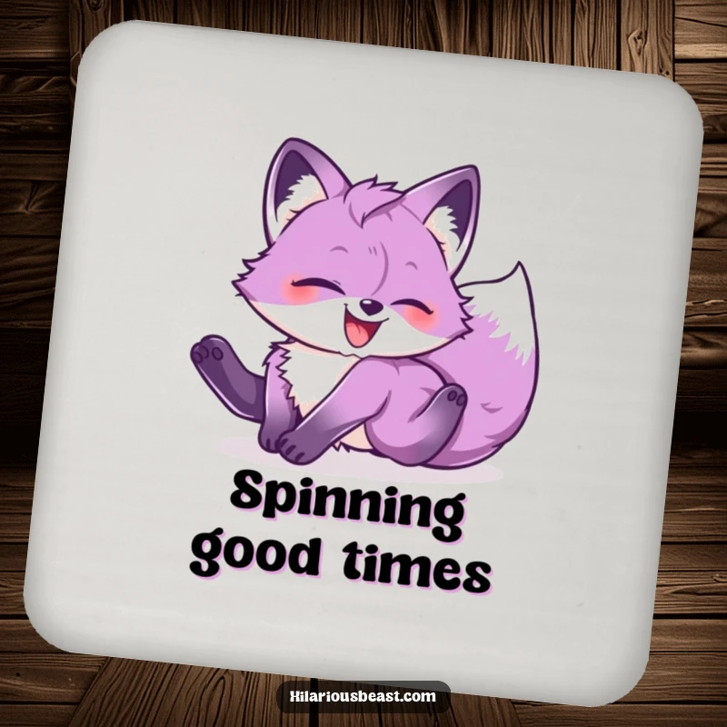 Funny purple fox cub tumbling head over heels with glee, adding playful humor to your surfaces with this coaster.