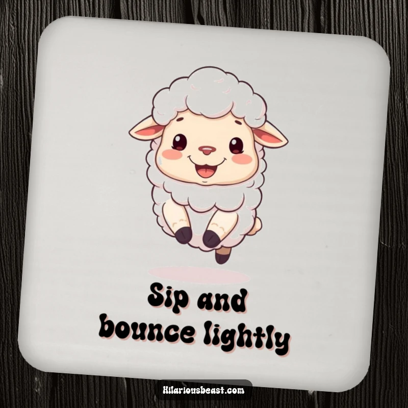Funny drink coaster with a fluffy sheep with a silly grin, bouncing on its hooves.