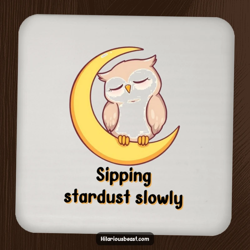 Funny owl coaster featuring a sleepy owl character resting on a crescent moon, protecting furniture.