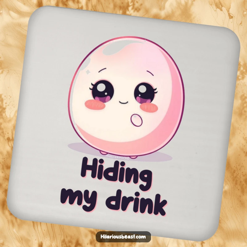 Funny drink coaster showcasing a shy blob with sparkly eyes hiding behind a giant, wiggling jellybean, preventing spills with humorous charm.