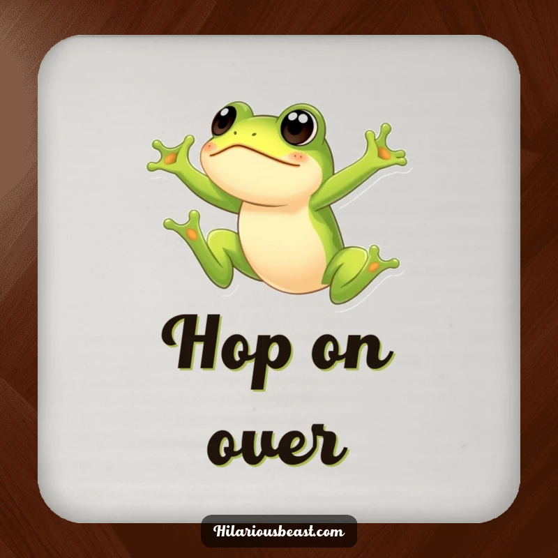 Funny frog coasters featuring a small green frog leaping with a surprised expression, protecting surfaces with charm and humor. Ideal for adding a funny touch to any home.
