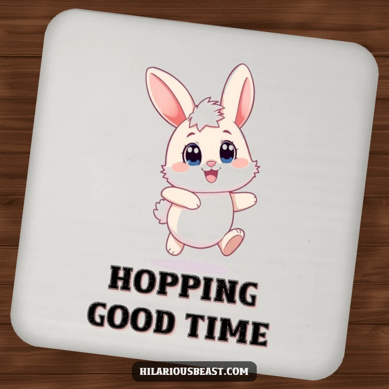 Funny bunny drink coaster illustrating a fluffy rabbit hopping with joyful abandon, its ears flopping, adding a pop of fun.