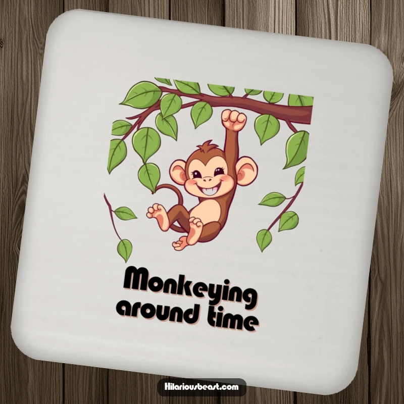 Funny drink coaster with a mischievous monkey swinging from a vine with a grin.
