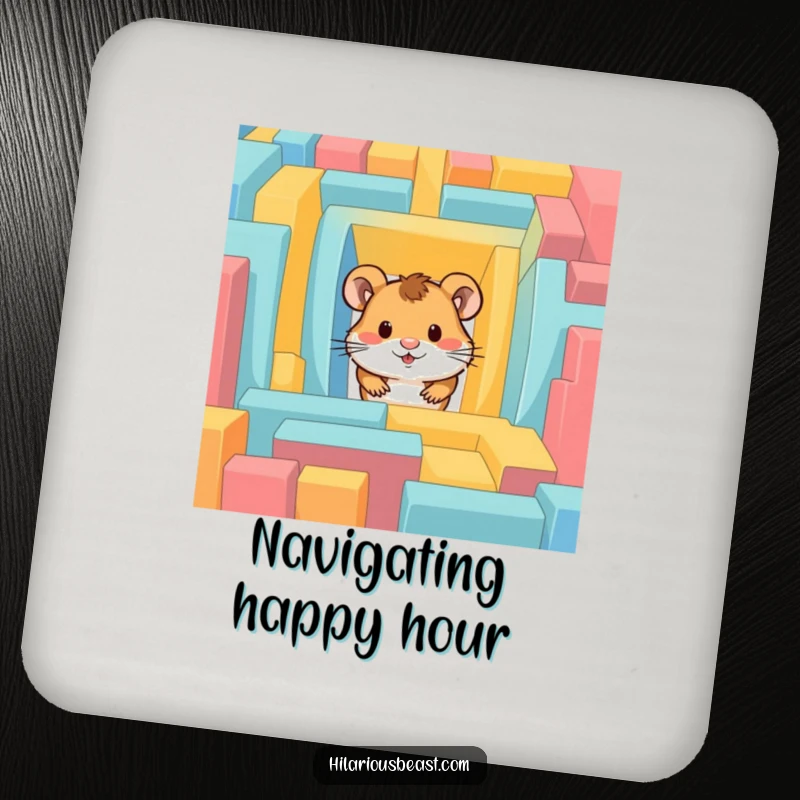 Funny hamster coaster featuring a curious hamster peeking from a colorful maze, protecting furniture.