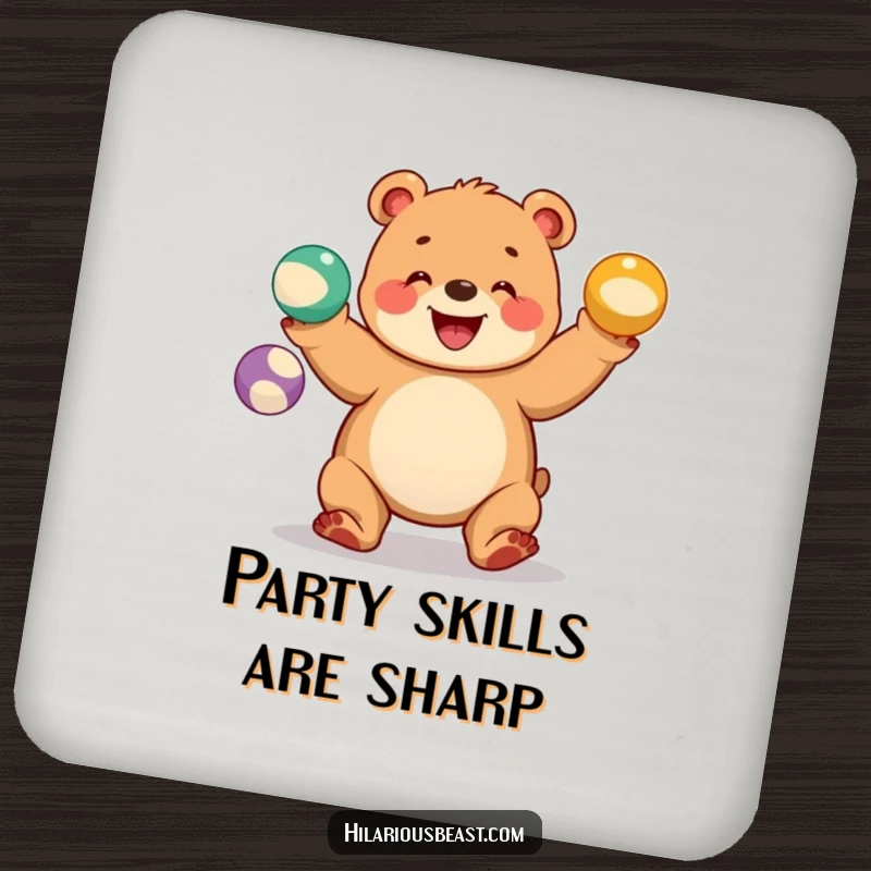 Funny bear cub coasters featuring a chubby cub juggling three colorful balls with a wide grin, bringing circus humor to table settings.