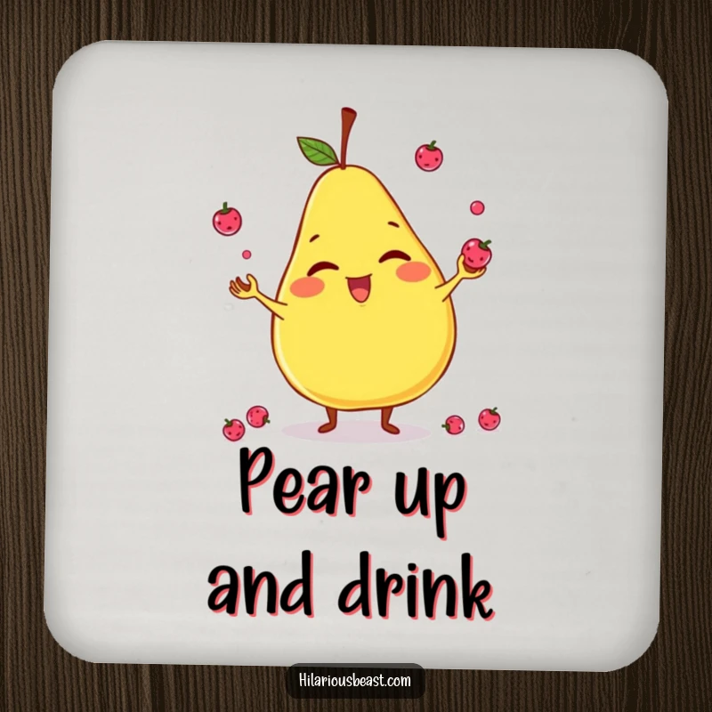 Funny drink coaster featuring a giggling, slightly lopsided pear character juggling tiny berries, protecting surfaces with fruity humor.