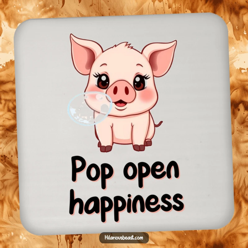 A set of coasters featuring a funny cartoon piglet with gleeful eyes, blowing a shimmering bubble, protecting surfaces.